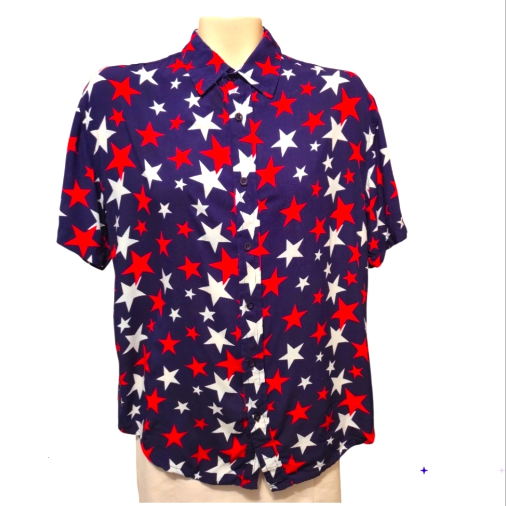 EIGTH AVENUE Mens Casual Red White And Blue Stars Button Down Shirt Size Large‎